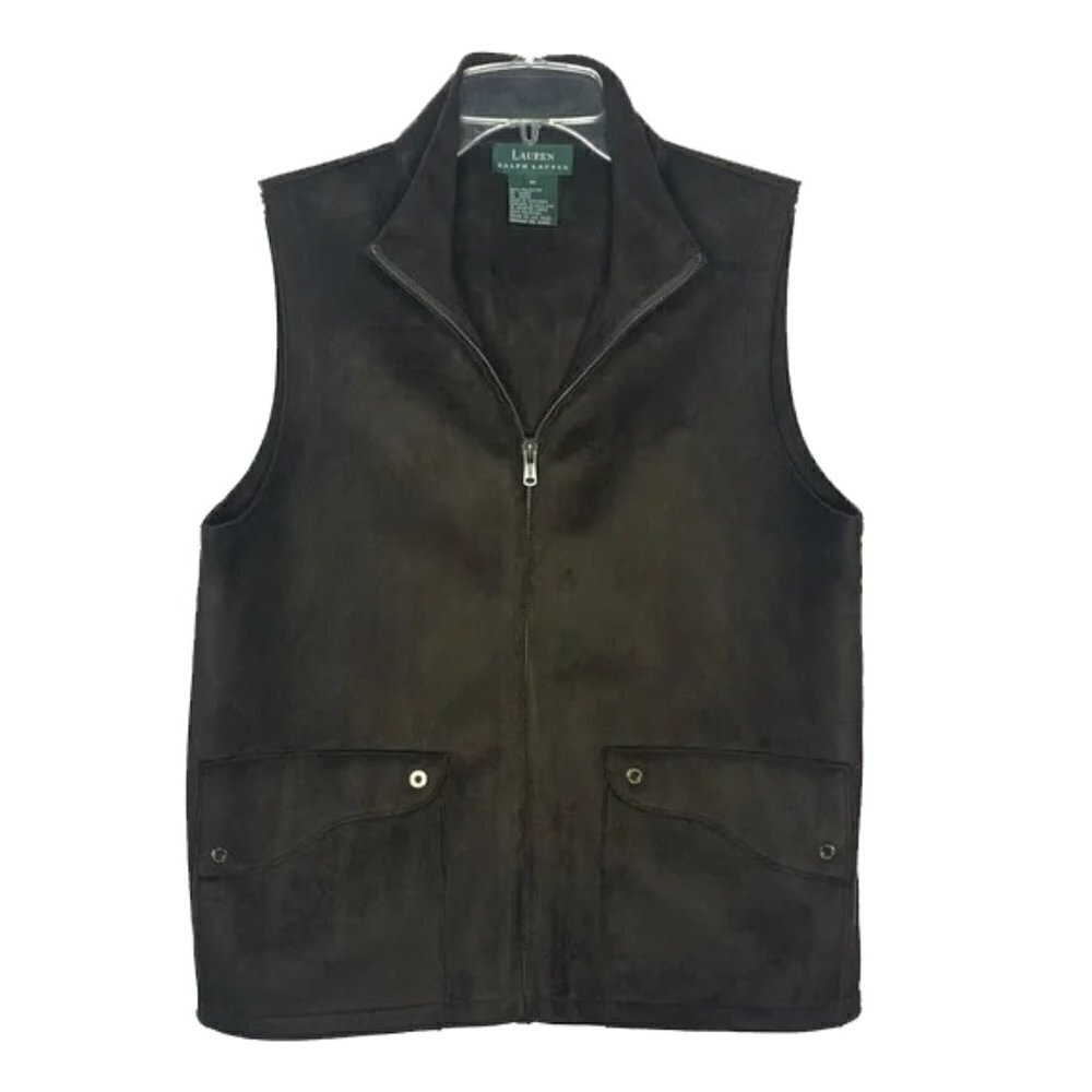 🆕 RALPH LAUREN Brown Suede Button Up Vest Flap Pockets Size Small